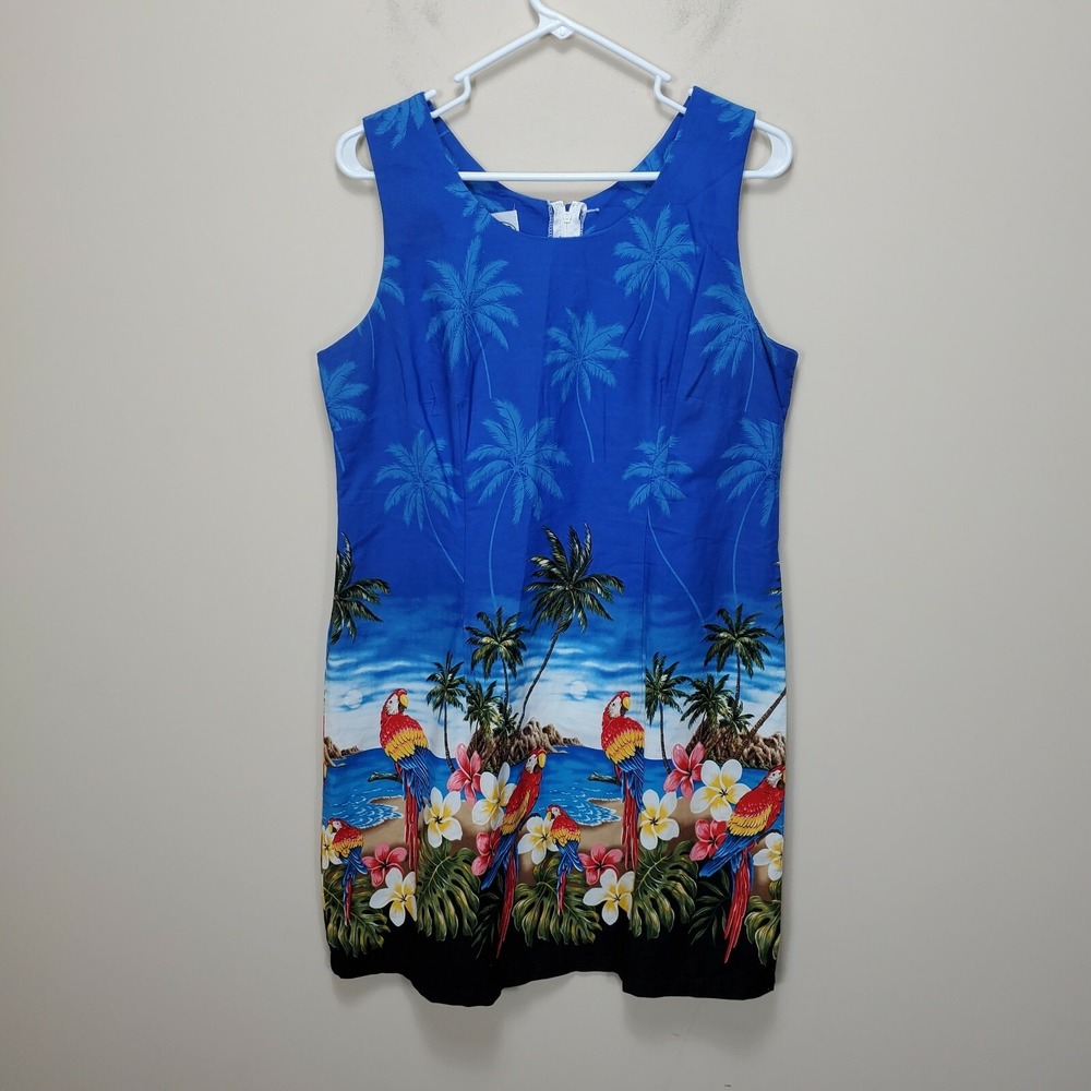 Pacific Legend blue Hawiian Parrot Print Scoop neck XL dress‎ sheath Sleeveless